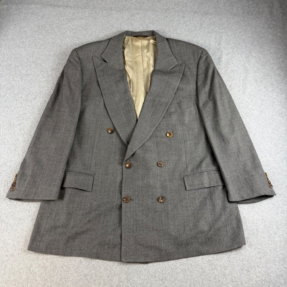 VTG Paul Stuart Men 46R Grey Pinstripe Wool Cashmere Double Breasted Blazer NOTE